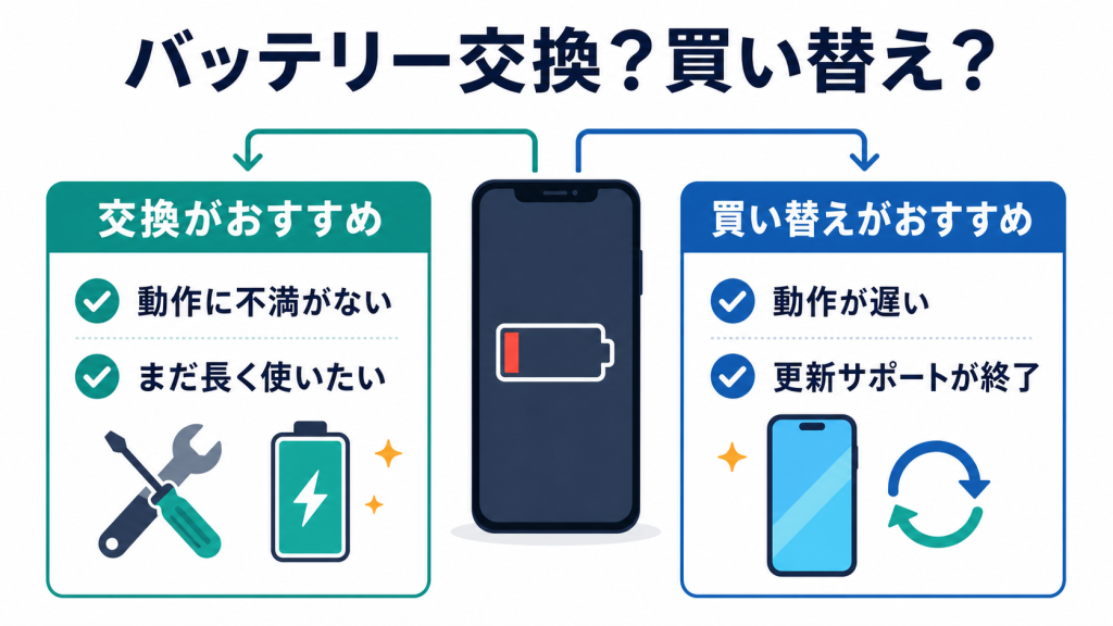 スマホのバッテリー交換と買い替えの判断基準を比較した図