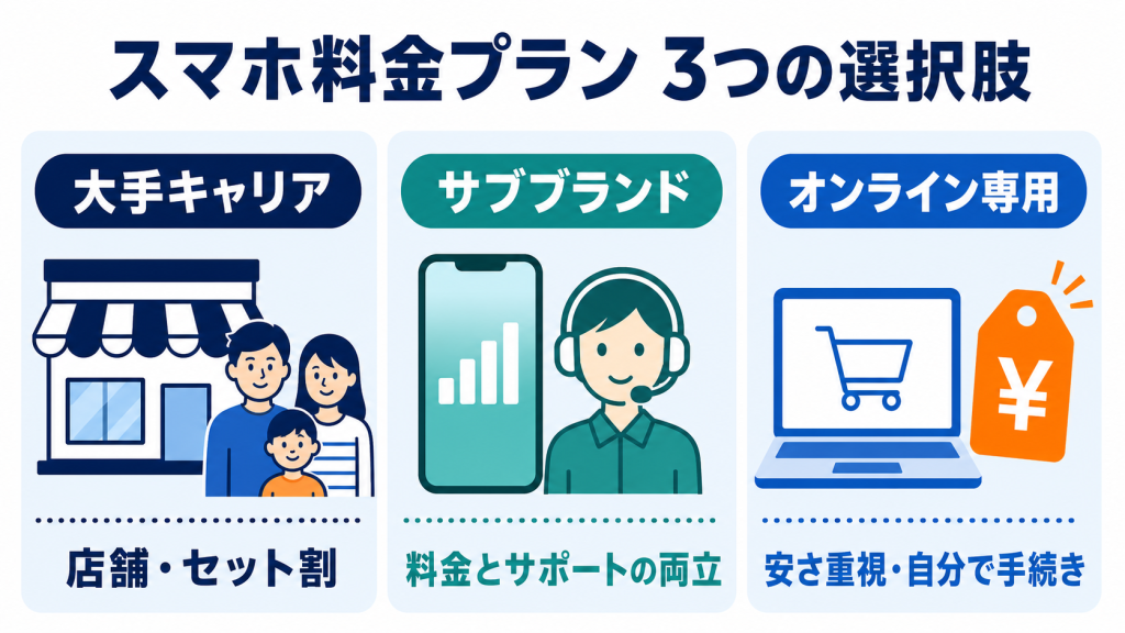大手キャリア・サブブランド・オンライン専用プランの特徴比較
