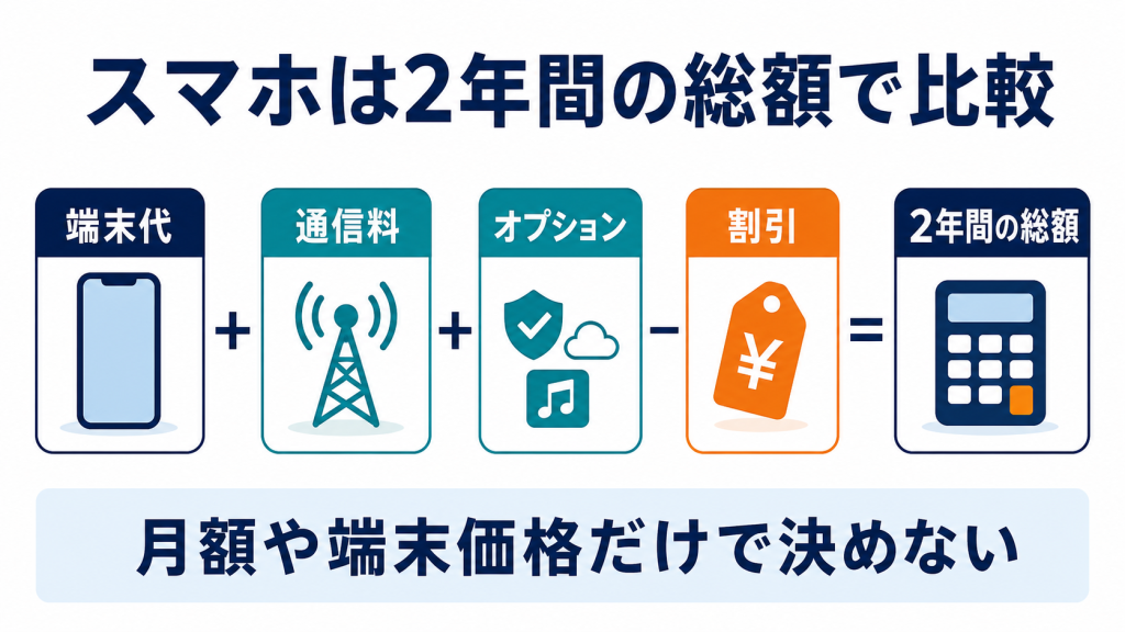端末代、通信料、オプション、割引からスマホの2年間総額を比較する図