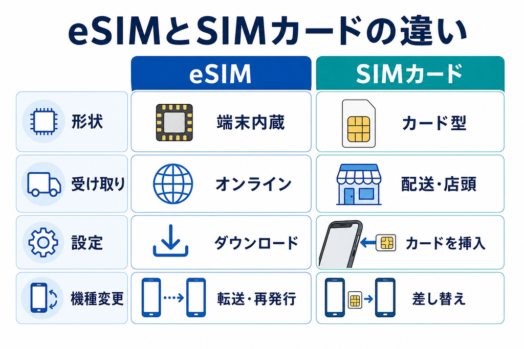 eSIMとSIMカードの主な違いを比較